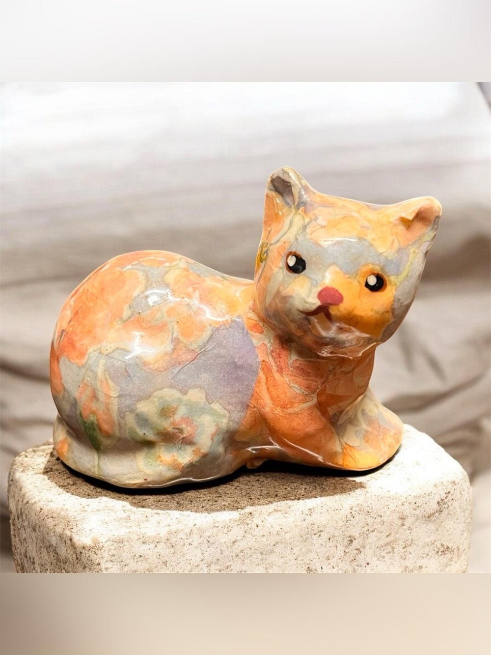 Vintage 80s Small Ceramic Floral Decoupage Laying Cat Figurine Granny Cottage